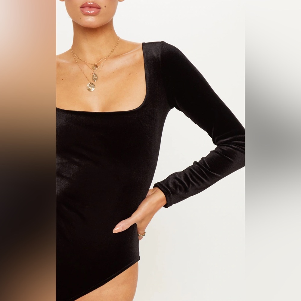 Velvet Square Neck Black Thong Bodysuit Black in Size XL